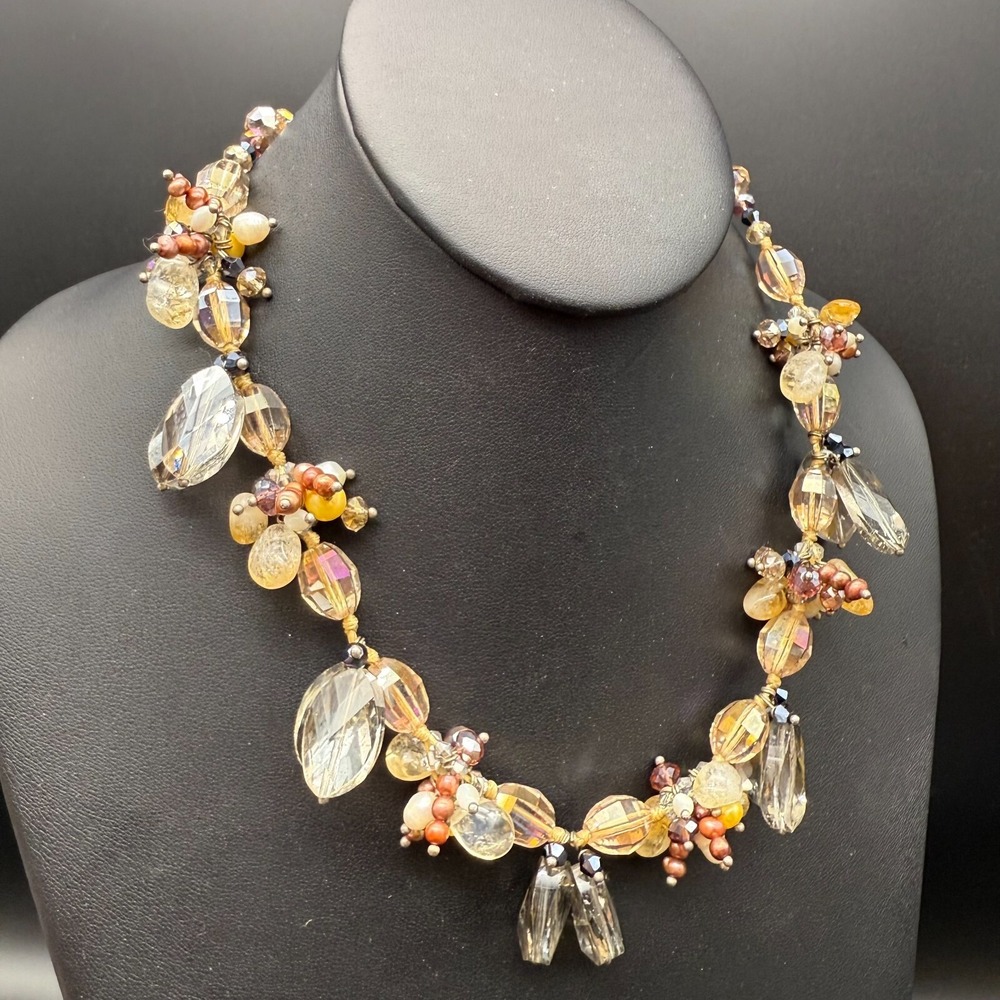 ✨ 19" Chunky Faceted Glass Beaded Necklace – Bronze Gold Crystal Cluster Glam 💎